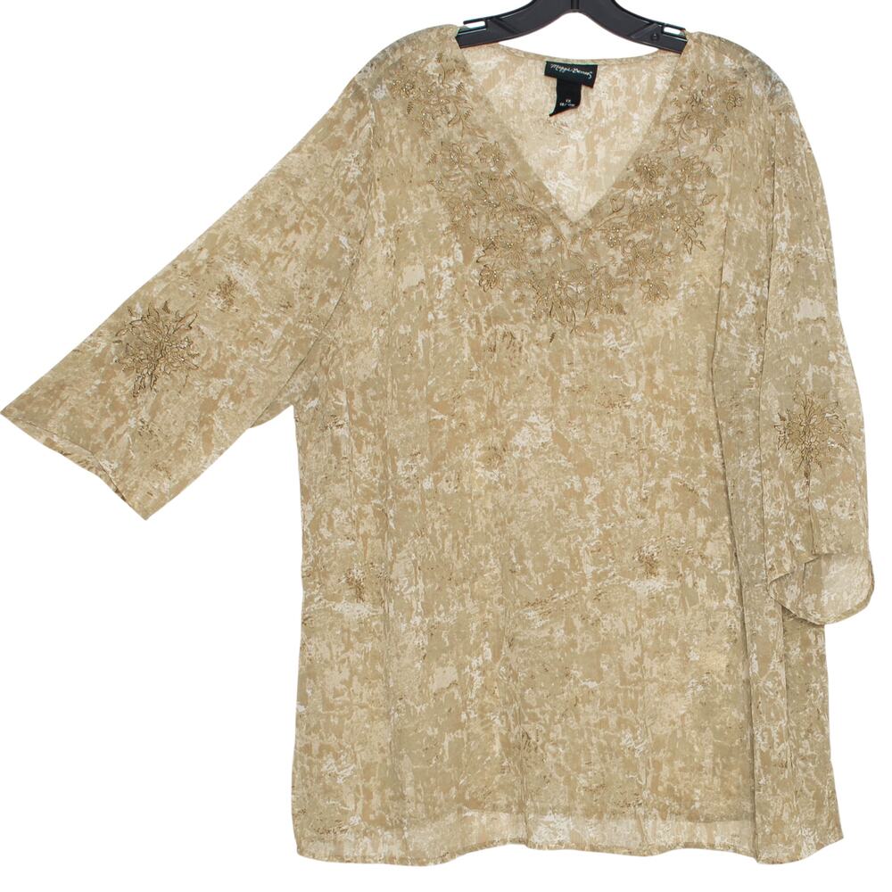 Maggie Barnes Top 3/4 Sleeve Floral Sheer Boho Cottage Romantic Beaded Brown 1X